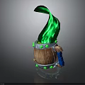 Wooden Barrel Decorative Item With Green Flame Metal Ring Green Spikes And Blue Handle