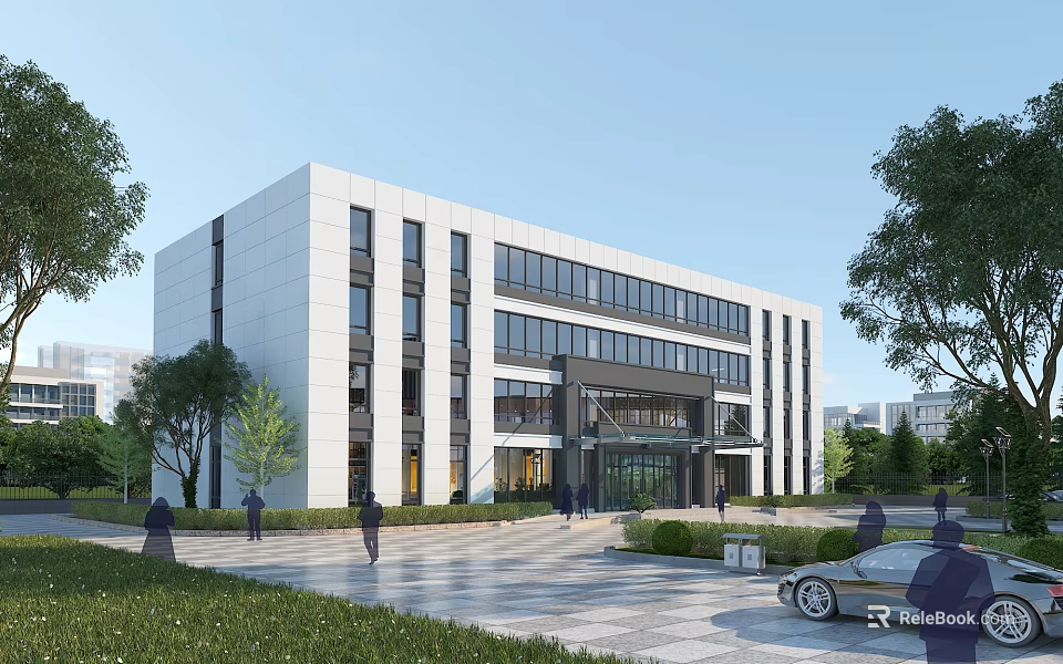 Modern White Office Building Exterior with Glass Curtain Walls Surrounded by Trees and People Walking 3d model 