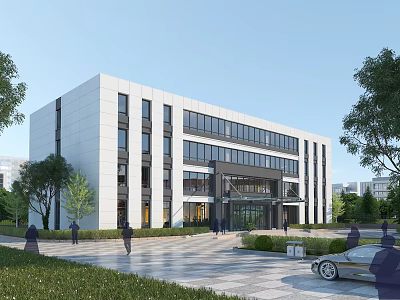 Modern White Office Building Exterior with Glass Curtain Walls Surrounded by Trees and People Walking 3d model
