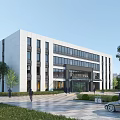 Modern White Office Building Exterior with Glass Curtain Walls Surrounded by Trees and People Walking