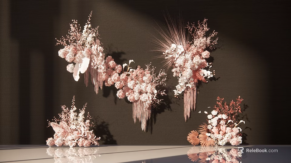 Elegant Pink White Floral Vase Arrangements With Tassels On Dark Background 3d model 