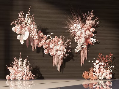 Elegant Pink White Floral Vase Arrangements With Tassels On Dark Background 3d model