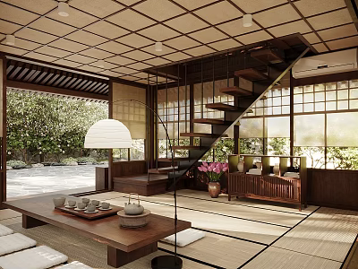 Traditional Tea Room Interior Design With Tatami Flooring Wooden Structure And Greenery View 3d model