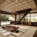 Traditional Tea Room Interior Design With Tatami Flooring Wooden Structure And Greenery View
