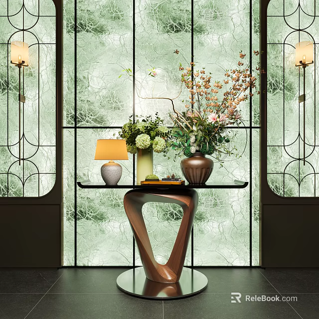Stylish Vases with Fresh Flowers on Modern Table and Glass Screen with Lamp 3d model 