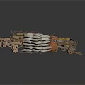 Rustic Wooden Cart With Cage And Crate Filled With Items And Stacked Sandbags