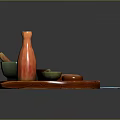 Traditional Kitchen Utensils On Wooden Tray With Mortar Pestle Orange Bottle And Small Green Bowls