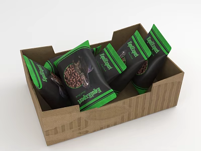 Deer Themed Snack Packs With Green Black Packaging Inside Brown Cardboard Box 3d model
