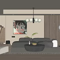 Modern Living Dining Room Interior With Grey Sofa Pendant Light Round Rug And Wooden Wall