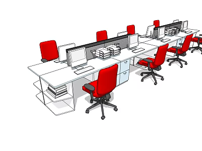 Modern Office Desks With Red Chairs Computer Monitors And Document Stacks 3d model