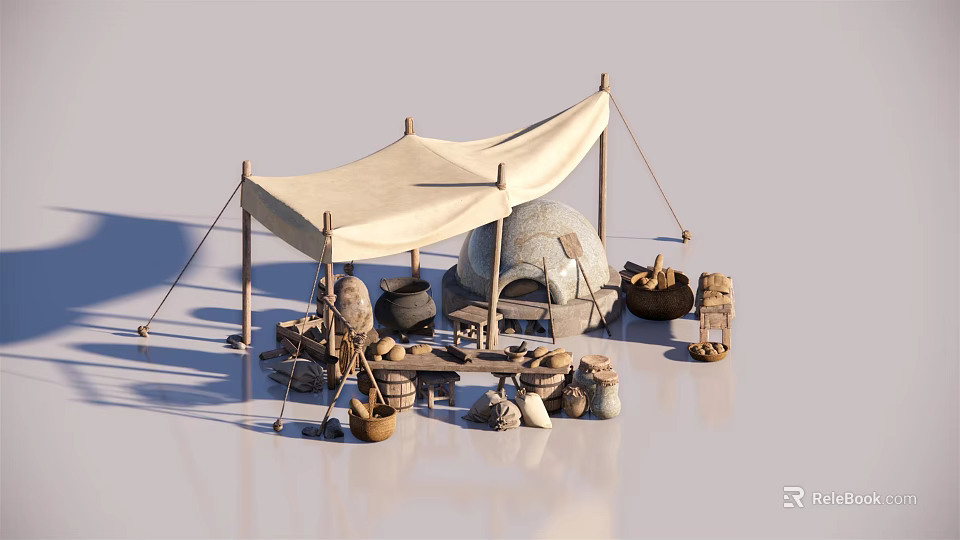 Ancient Outdoor Camp Scene With Canvas Tent Stone Oven And Clay Pots 3d model 