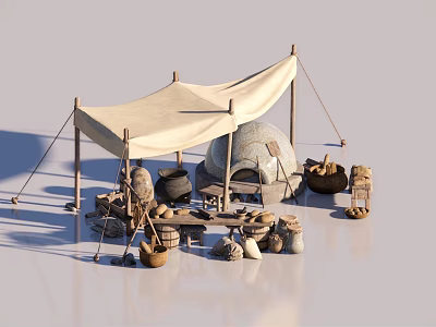 Ancient Outdoor Camp Scene With Canvas Tent Stone Oven And Clay Pots 3d model