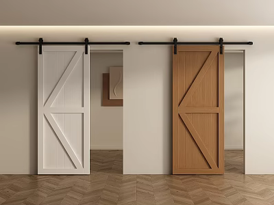 Two White and Wooden Barn Doors with Sliding Track in Modern Interior Design 3d model