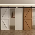 Two White and Wooden Barn Doors with Sliding Track in Modern Interior Design