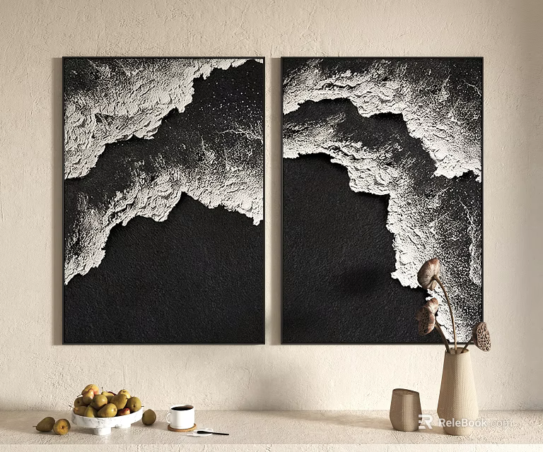 Black And White Wave Textured Paintings Hanging On Wall With Vase And Fruits Decor 3d model