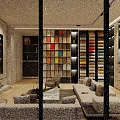 Modern Living Room Interior Design With Colorful Bookshelf Wall Sofa And Coffee Table