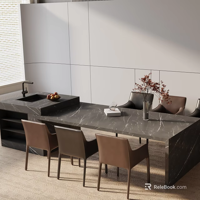Modern Dining Table Set with Marble Top and Brown Leather Chairs in Minimalist Interior 3d model 