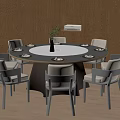 Elegant Dining Room Interior Featuring Round Green Table Wooden Cabinets Chairs Vase And Tableware