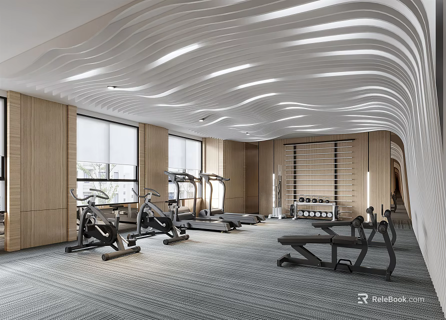 Modern Fitness Gym Interior Featuring Wave Ceiling Wooden Walls Treadmills and Exercise Benches 3d model 