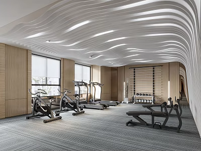 Modern Fitness Gym Interior Featuring Wave Ceiling Wooden Walls Treadmills and Exercise Benches 3d model