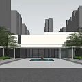 Modern Entrance Gate Design With Glass Facade And Green Plants Near Tall Buildings