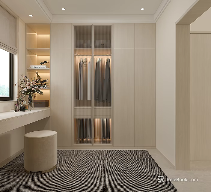 Modern Walk in Closet Interior Design With Glass Door Cabinets And Built in Lighting 3d model 