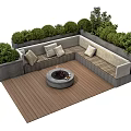 Lush Green Shrubs Framing Outdoor Patio With Fire Pit And Seating Bench