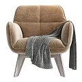 Elegant Brown Velvet Single Sofa With Wide Armrest Gray Throw Blanket And Wooden Legs