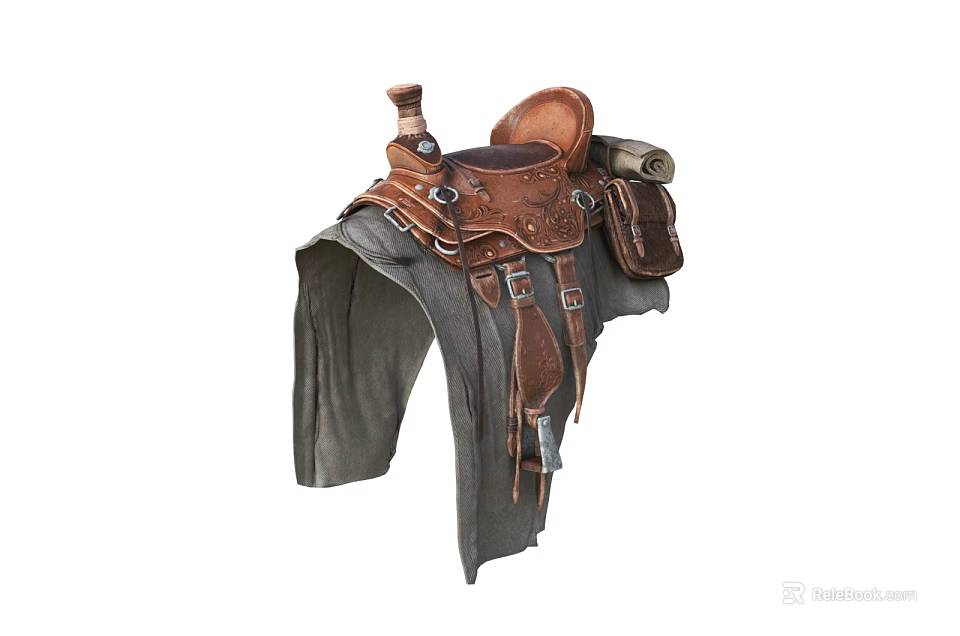 Traditional Brown Leather Saddle With Roll And Straps For Equestrian Sports Equipment 3d model 