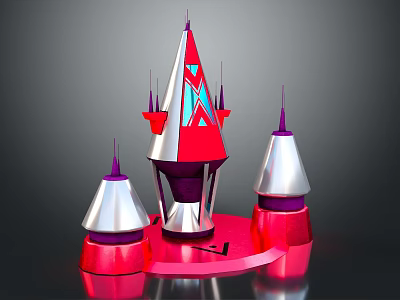 Cartoon Fantasy Castle Tower with Colorful Red Silver Purple Spires and Circular Red Base 3d model