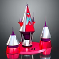 Cartoon Fantasy Castle Tower with Colorful Red Silver Purple Spires and Circular Red Base
