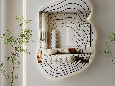 Unique Curved Mirror With LED Lighting Reflecting Modern Living Room Interior 3d model