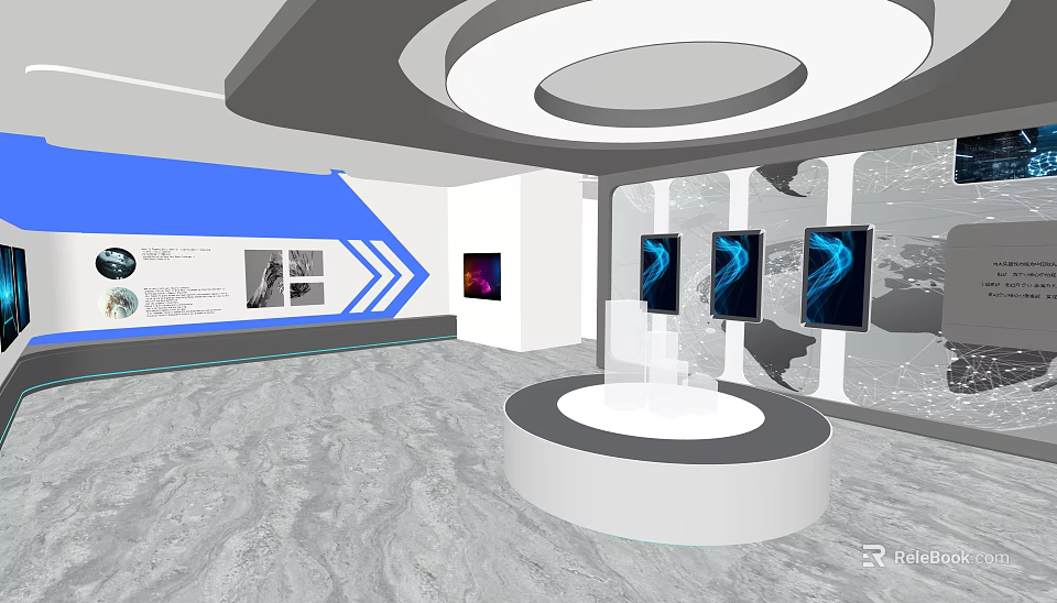 Exhibition Hall Interior With Circular White Platform Blue Background And Wall Screens 3d model 