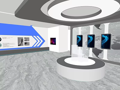 Exhibition Hall Interior With Circular White Platform Blue Background And Wall Screens 3d model