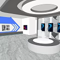 Exhibition Hall Interior With Circular White Platform Blue Background And Wall Screens