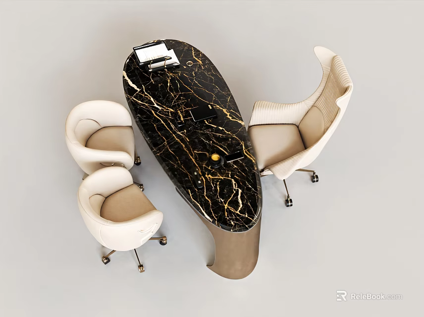 Luxury Black Gold Marble Office Desk And Soft Upholstered Mobile Chair Set For Modern Workspace 3d model 