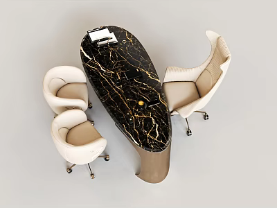 Luxury Black Gold Marble Office Desk And Soft Upholstered Mobile Chair Set For Modern Workspace 3d model