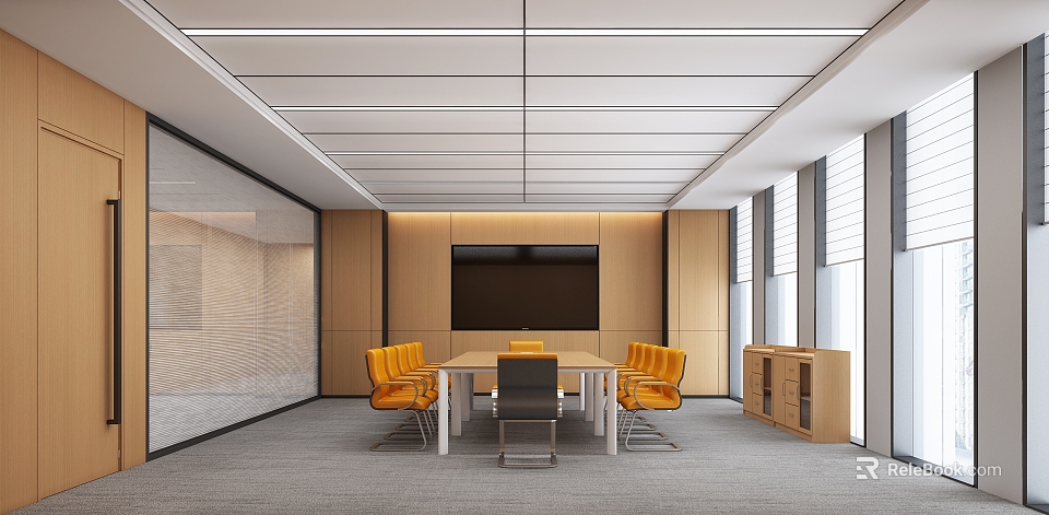Modern Conference Room With Orange Chairs Long Table Large Screen TV Wooden Walls And Windows 3d model 