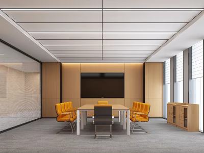 Modern Conference Room With Orange Chairs Long Table Large Screen TV Wooden Walls And Windows 3d model