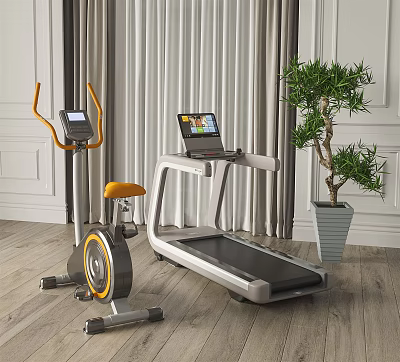 Indoor Home Gym Sports Equipment With Treadmill Exercise Bike Elliptical Machine And Potted Plant 3d model