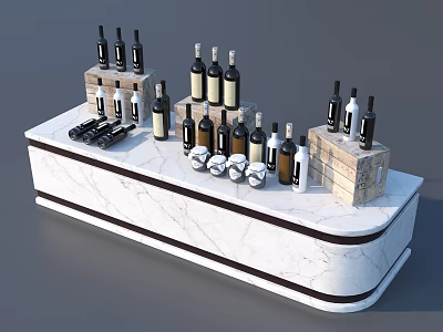 Modern Bar Counter With Marble Top Wine Bottles And Wooden Crates 3d model