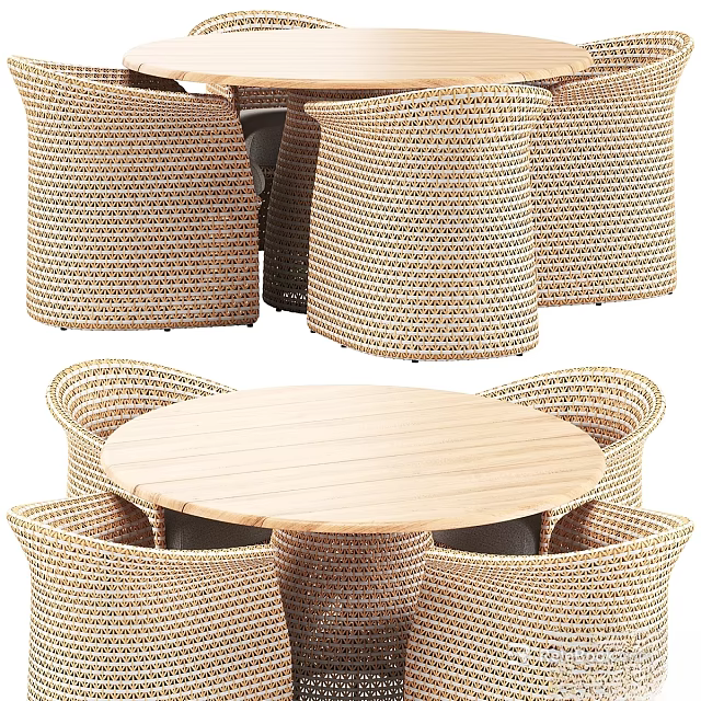 Woven Rattan Chairs With Round Wooden Table Dining Set For Home 3d model 