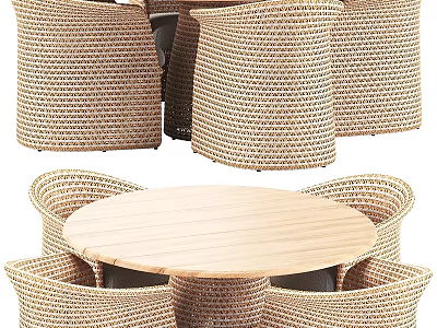 Woven Rattan Chairs With Round Wooden Table Dining Set For Home 3d model