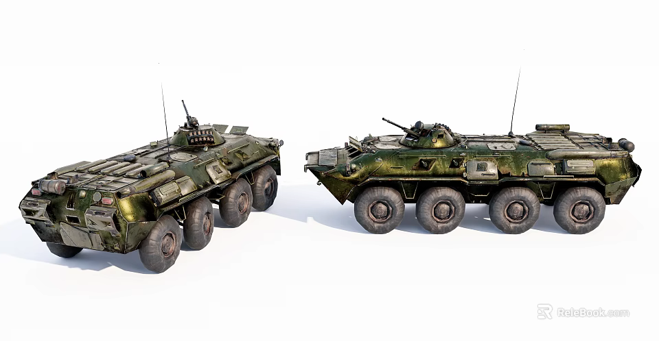 Green Military Tanks With Wheeled Design Turret And Antenna Side View 3d model 