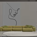 Beige Sectional Sofa With Green Cushions And Large Line Art Painting In Modern Living Room
