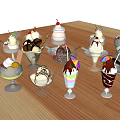 Assorted Delicious Ice Cream Desserts With Various Toppings Served On Wooden Table