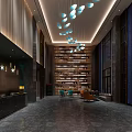 Modern Hotel Lobby Interior With Unique Chandelier Comfortable Seating And Elegant Bookshelf Wall
