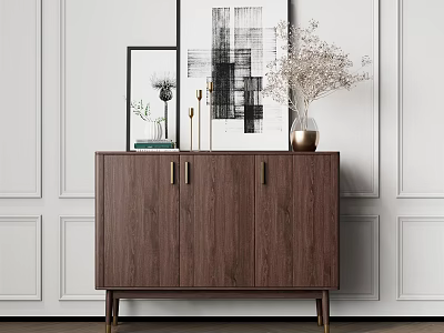 Modern Walnut Wood Entryway Cabinet Sideboard With Vase Framed Art On White Paneled Wall 3d model