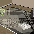 Plaid Pattern Square Area Rug On Wooden Floor With Flower Bouquet And Magazines