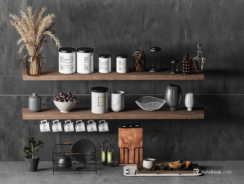Kitchen Wooden Shelves On Gray Wall Displaying Kitchenware Jars Mugs Bowls And Cutting Board 3d model 